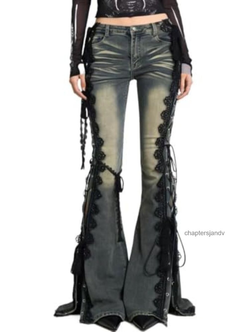 Y2K Punk Dragon Print Flare Jeans Slim Fit Low Rise with PU Belt Grunge